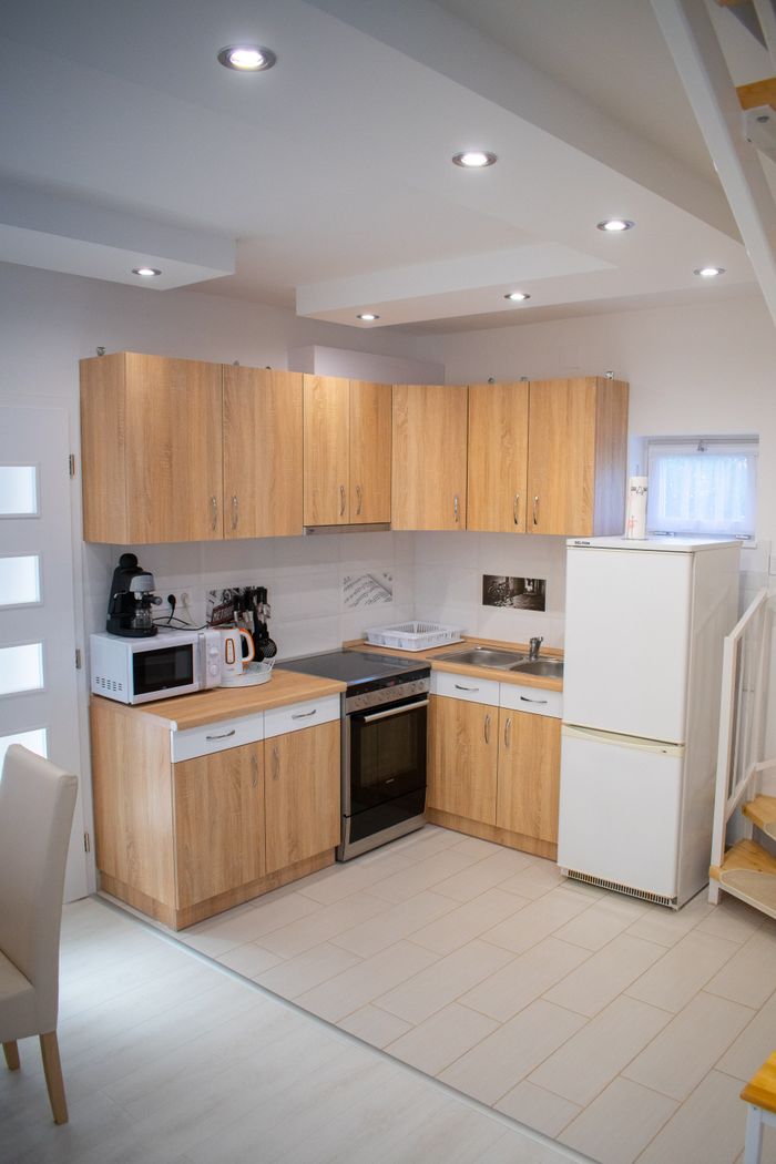 Comfortable furniture inside modern kitchen with counter and cupboards with appliances under suspended ceiling